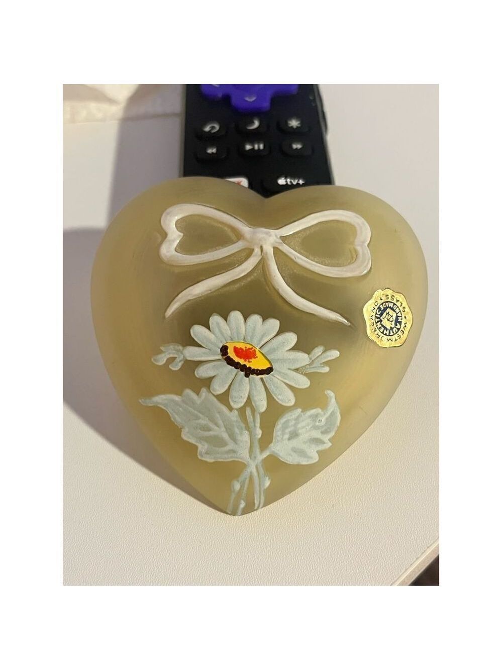 Westmoreland Glass Heart Original sticker hand painted yellow